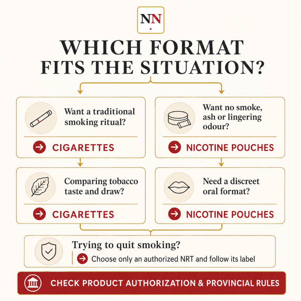 Decision guide comparing cigarettes and nicotine pouches for smoking ritual, discreet use and quitting