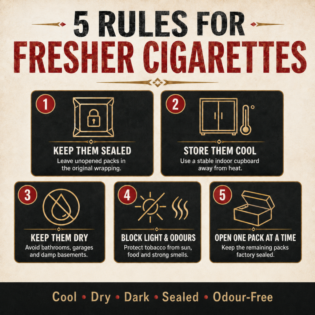 How to Keep Cigarettes Fresh: Storage, Shelf Life & 10 Signs They’re Stale 1 Five rules for keeping cigarettes fresh and storing packs and cartons correctly