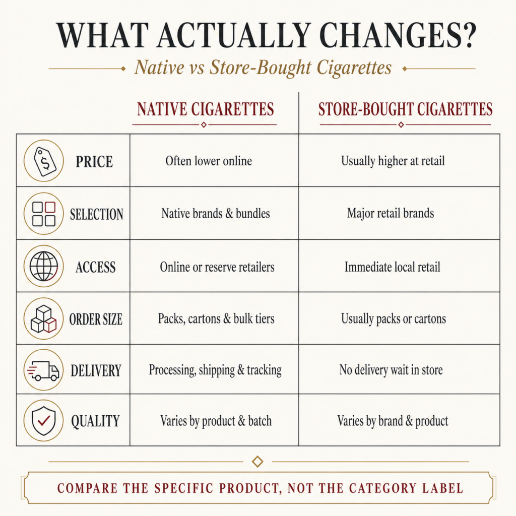 Native Cigarettes vs Store-Bought Cigarettes in Canada: Price, Taste, Quality & Delivery Compared 1 Native cigarettes and store-bought cigarettes compared by price, selection, access, order size, delivery and quality