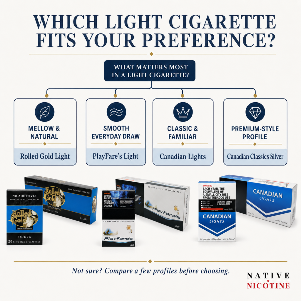 Best Light Native Cigarettes in Canada 2026: 6 Smooth Options Compared 2 Decision guide for choosing Rolled Gold Light, Playfare Light, Canadian Lights or Canadian Classics Silver